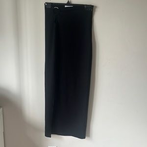 Black fitted bodycon midi skirt with slit and hook at waist